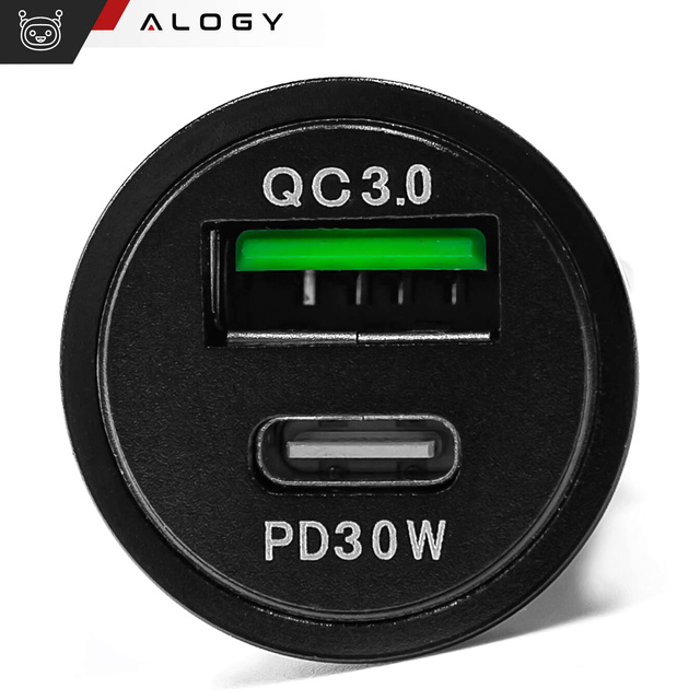Alogy Car Ładowarka samochodowa USB QC 3.0 18W + USB C PD 30W szybka mocna do telefonu czarna