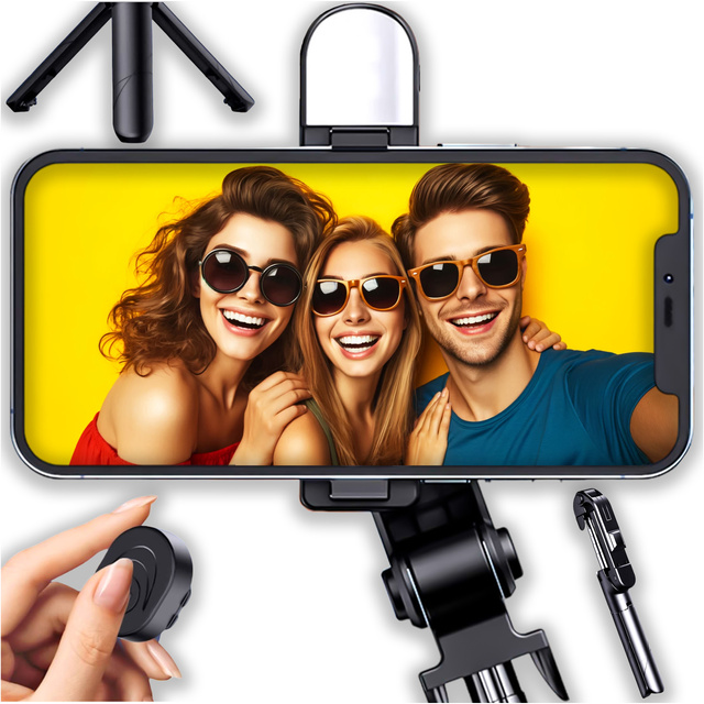 Alogy Uchwyt Bezprzewodowy Selfie Stick Bluetooth składany Tripod Mini statyw do telefonu z lampką LED