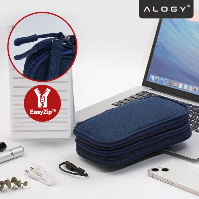 Etui Podróżne na Akcesoria, Organizer na Kable, Ładowarki, Telefon i Powerbank, Wielofunkcyjne i Kompaktowe 21 x 12,5 x 5 cm, Alogy TravelPack™ – Granatowe