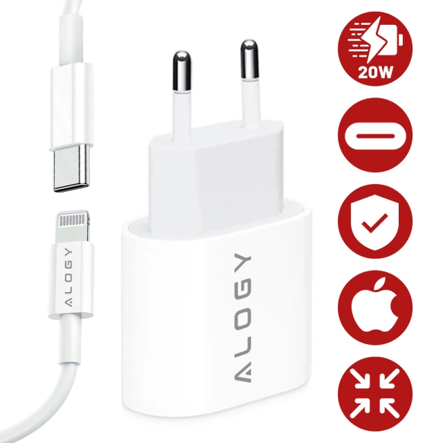 Alogy Ładowarka sieciowa szybka USB-C PD 20W + Kabel Lightning do iPhone 1m Biały