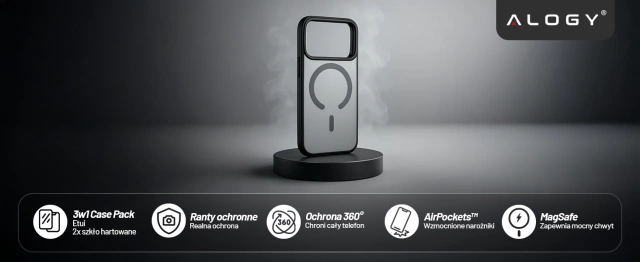 Zestaw 3w1 Etui Hybrydowe MagSafe + 2x Szkło Hartowane do Apple iPhone 17 Pro Max, Wzmocniona Ochrona, Odporne i Precyzyjnie Dopasowane, Alogy 3in1 Case Pack™ – Czarne