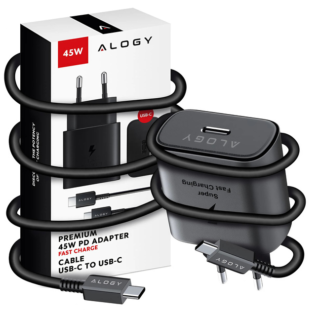 Alogy Ładowarka sieciowa USB-C typ C PD Premium szybka 45W 3A + Kabel Type-C 1M czarna