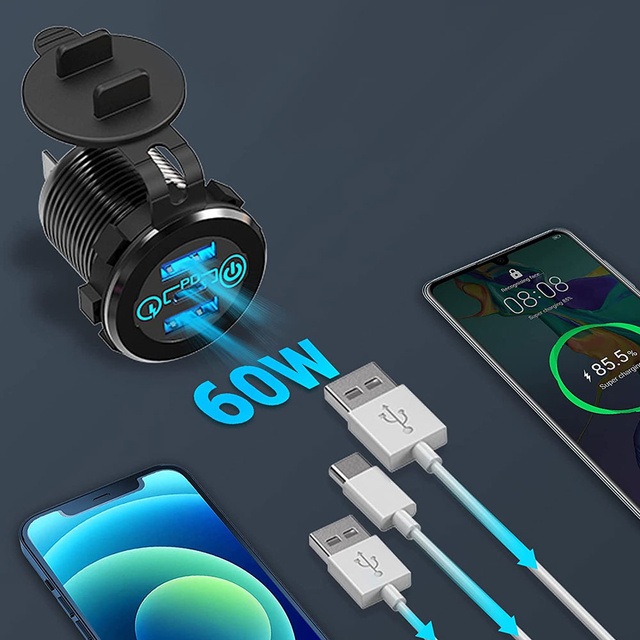 Alogy Ładowarka samochodowa LED gniazdo Mini Car Charge konektory Alogy 2x USB QC 3.0 + USB-C 60W