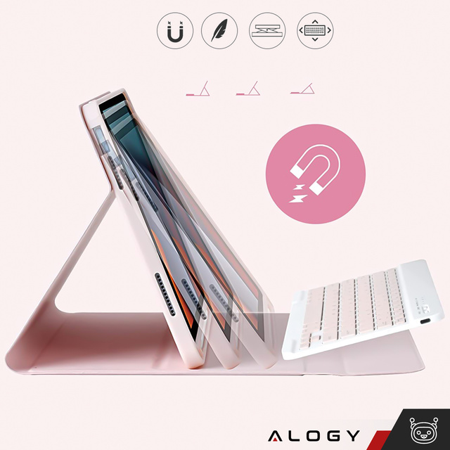 Etui ochronne z klawiatura bezprzewodowa Alogy Keyboard Case z miejscem na rysik do Apple iPad 11 gen. (2025) / 10 gen. (2022)  Różowe + Szkło