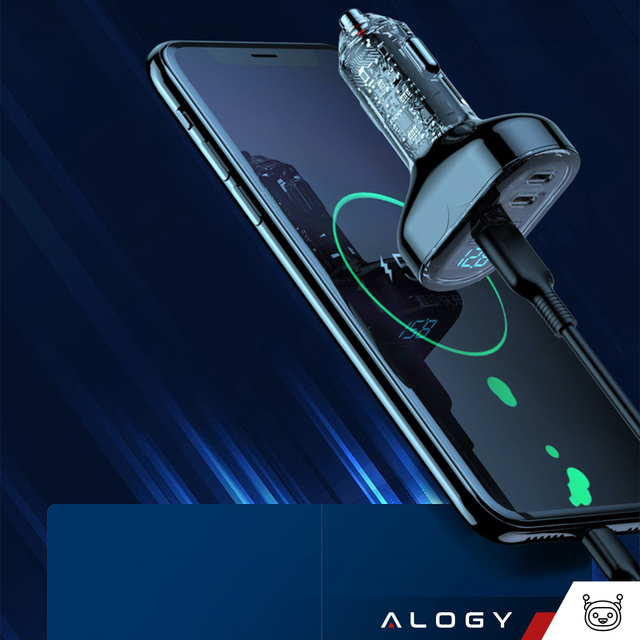 Ładowarka samochodowa 2x USB C PD 36W + USB QC 3.0 LED szybka do telefonu mocna 72W Alogy czarna