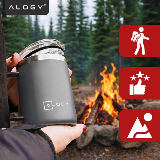 Kubek termiczny 420ml z uchwytem pokrywką na kawę herbatę stalowy zimne i ciepłe napoje Alogy Szary
