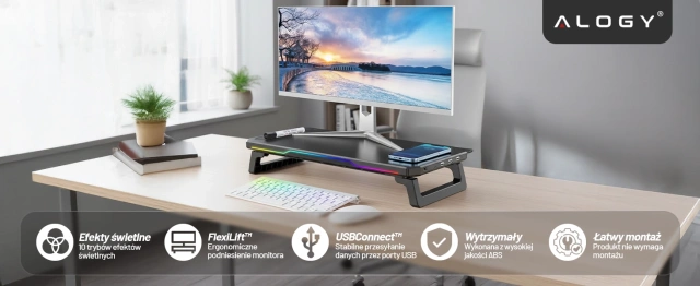 Podstawka pod monitor z lampką listwą świetlną RGB z wejściami HUB USB (3× USB-A, 1× USB-C) – biurkowa do Home Office, Gaming, poprawa ergonomii – Alogy MonitorStand™ Czarna