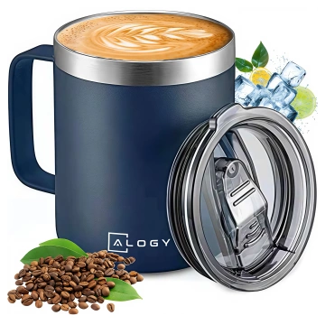 Alogy Kubek termiczny z uchwytem Thermal Mug otwierana pokrywka stalowy zimno i ciepło granatowy