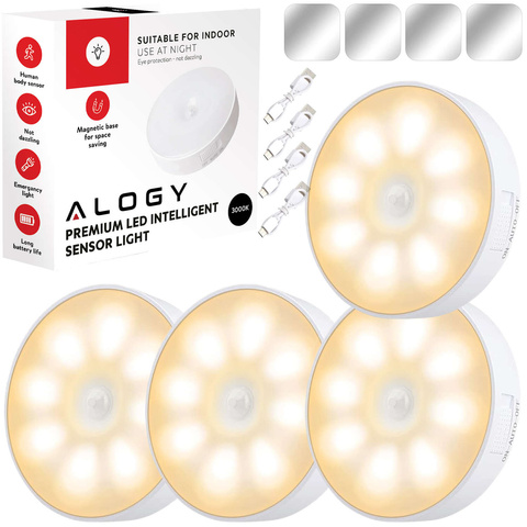 4x Alogy Lampka LED z czujnikiem ruchu Sensor Light Bezprzewodowa lampa nocna oświetlenie meblowe Światło ciepłe