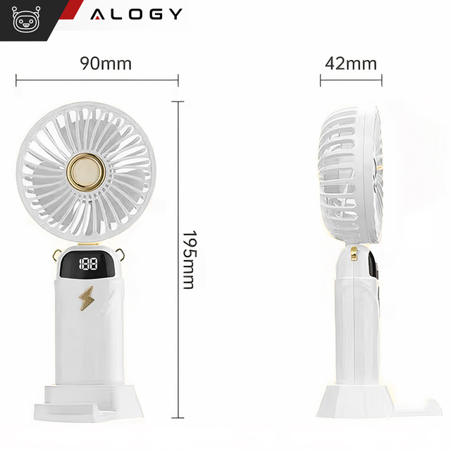Alogy Wentylator Wiatrak wiatraczek ręczny bezprzewodowy przenośny do ręki na biurko z uchwytem na telefon USB-C biały