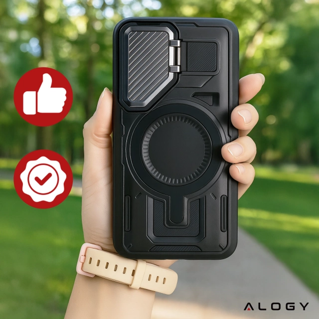 Etui do Samsung Galaxy S25 Plus Case do MagSafe Wzmocniona Pancerna ochrona obiektywów z funkcją podstawki obudowa ochronna na telefon Alogy HeavyDuty Mag™️Czarne