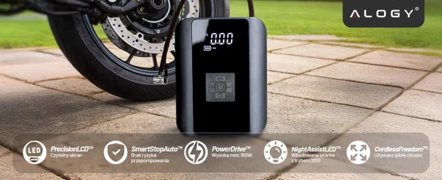 Alogy Pompka rowerowa kompresor powietrza bezprzewodowy przenośny z latarką 