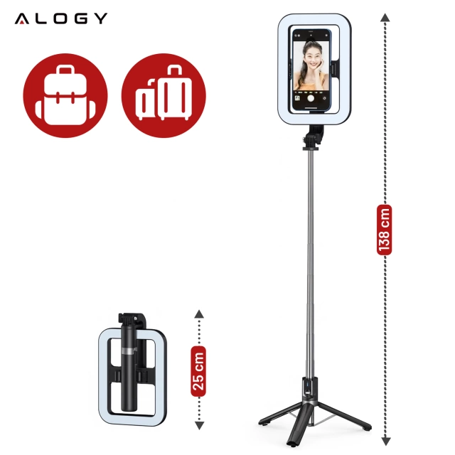 Kijek Selfie Stick Alogy GlowStick™ Pro Tripod Selfie z pilotem i lampą LED do zdjęć makijażu nagrywania filmików długi 132cm Czarny