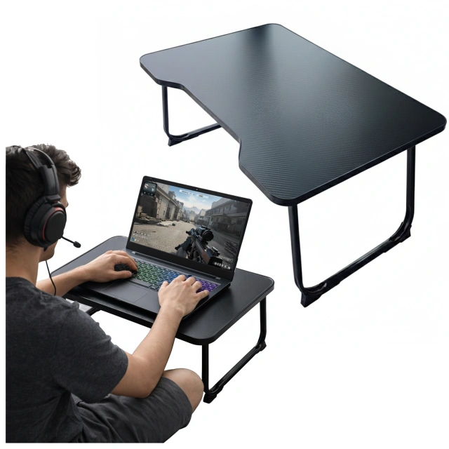 Stolik składany gamingowy 60×40 cm – biurko na laptopa z powierzchnią Carbon, lekki i przenośny, stabilna konstrukcja do domu i grania – Alogy CarbonDesk™ Czarny