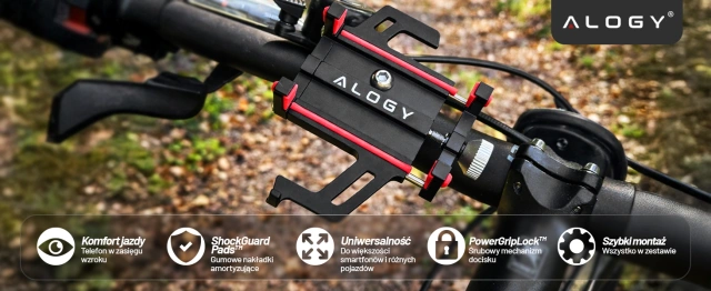 Alogy Uchwyt rowerowy Bike Phone Holder do telefonu 55-95mm na kierownicę na rower hulajnogę motor Czarny