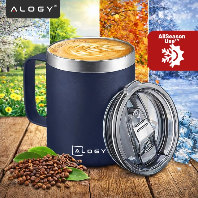 Alogy Kubek termiczny z uchwytem Thermal Mug otwierana pokrywka stalowy zimno i ciepło granatowy