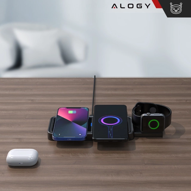 Ładowarka Indukcyjna Alogy Bezprzewodowa Qi PD QC 3.0 2w1 Szybka do Apple iPhone Airpods Watch Stacja ładująca stojak czarna 