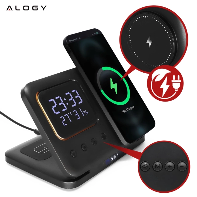 Ładowarka indukcyjna 5w1 składana Alogy MagStation Foldable Pro do MagSafe do Apple iPhone Watch AirPods z zegarem i higrometrem Czarna