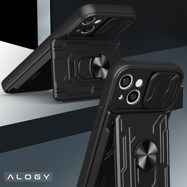 Alogy Camshield Stand Ring Wallet Etui pancerne z osłonką na aparat i miejscem na karty do Apple iPhone 14 czarne