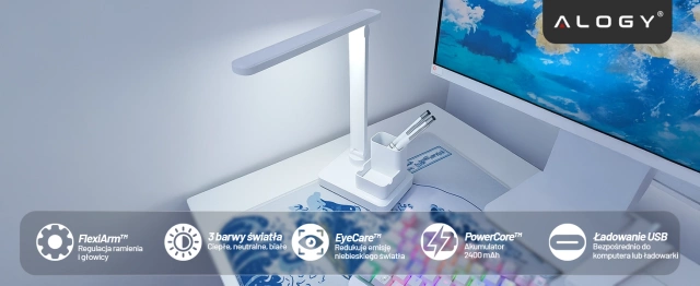 Lampka biurkowa nocna LED – akumulator 2400 mAh, organizer na długopisy i telefon, regulowane światło, idealna na biurko i do nauki – Alogy Light&Organize™ Biała
