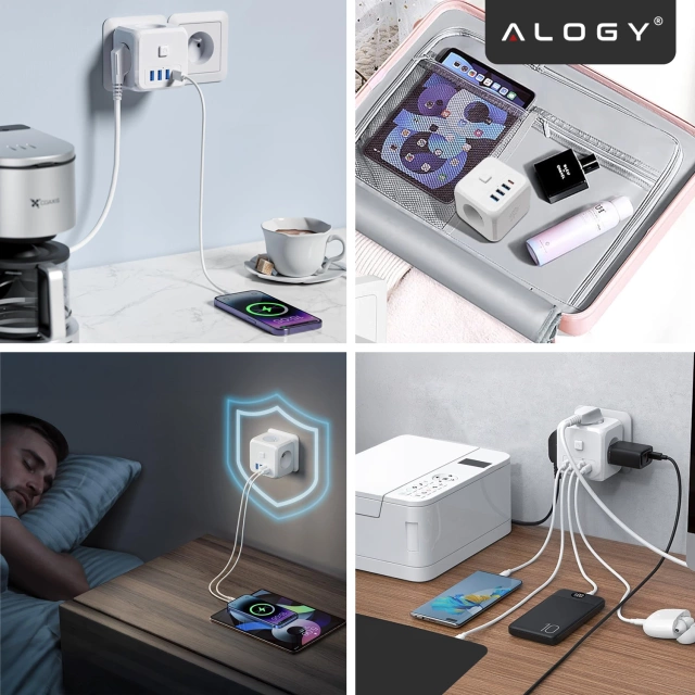 Alogy Rozgałęźnik sieciowy rozdzielacz Ładowarka adapter złodziejka 3 gniazdka PL/EU USB USB-C 7w1 5V 2.4A Biały