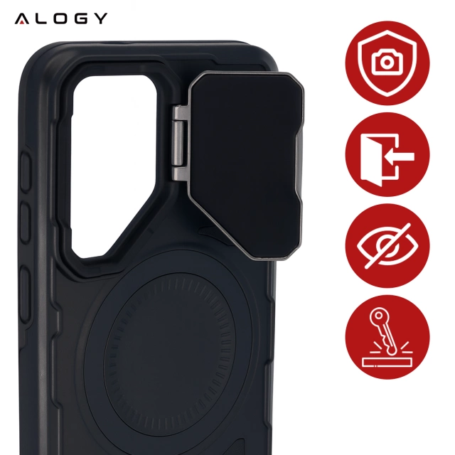 Etui do Samsung Galaxy S25 Plus Case do MagSafe Wzmocniona Pancerna ochrona obiektywów z funkcją podstawki obudowa ochronna na telefon Alogy HeavyDuty Mag™️Czarne