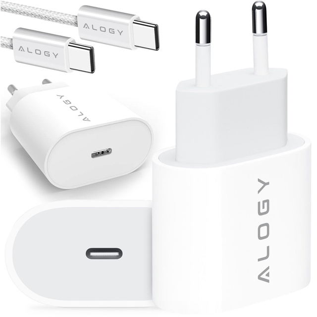 Alogy Ładowarka sieciowa szybka mocna 35W USB-C USB typ C PD GaN do iPhone 15 +Kabel type-C 1m Biała