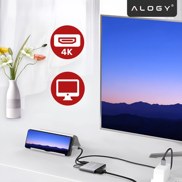 Adapter HUB 4w1 Alogy przejściówka USB-C do 2x HDMI USB 3.0 USB-C szybkie ładowanie PowerDelivery PD 100W
