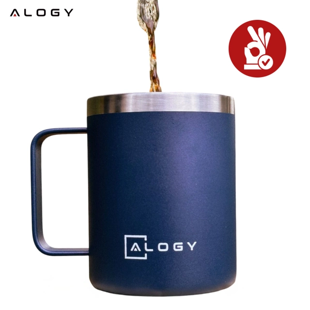 Alogy Kubek termiczny z uchwytem Thermal Mug otwierana pokrywka stalowy zimno i ciepło granatowy