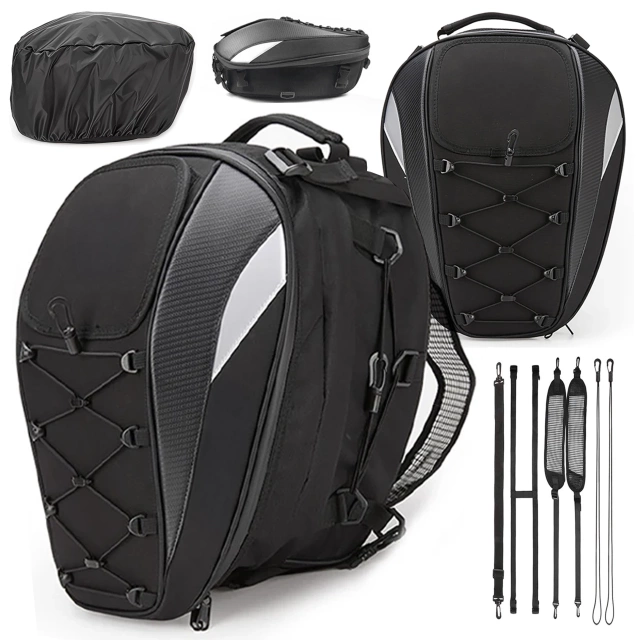 Plecak torba motocyklowa wodoodporna 40L – 5w1 – kufer, podsiodłowa, bagażnikowa, na kask, z pokrowcem, Nylon, torba miejska na motocykl – Alogy RoadMaster™  Czarna