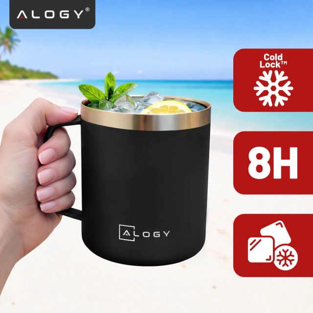 Alogy Kubek termiczny z uchwytem Thermal Mug otwierana pokrywka stalowy zimno i ciepło Czarny