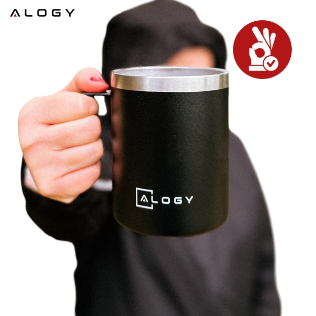 Alogy Kubek termiczny z uchwytem Thermal Mug otwierana pokrywka stalowy zimno i ciepło Czarny