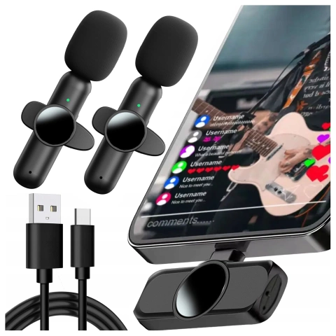 Mikrofon Bezprzewodowy 2x Zestaw - USB-C, redukcja szumu, lekka konstrukcja, zasięg do 20 metrów - 2x Mikrofon Krawatowy z Futerkową Osłoną, Odbiornik do telefonu - Alogy DualVoice™ Czarny