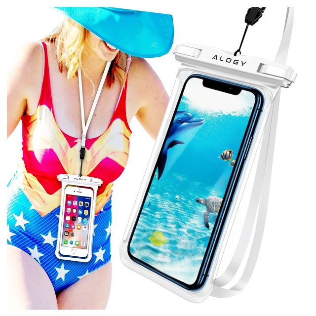 Etui Wodoodporne Uniwersalne IPX8 do Telefonów do 6.5", Wodoszczelna Ochrona na Plażę, Basen i Kajak, Dotykowy Front i Pasek na Szyję, Alogy HydroShield™ – Białe