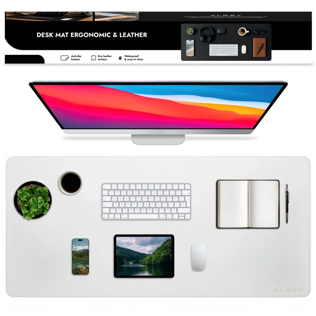 Podkładka na biurko 80×40 cm – antypoślizgowa mata ochronna z eleganckiej ekoskóry PU, pod mysz i klawiaturę, stylowa i trwała – Alogy WorkMat™ Biała