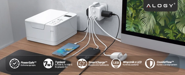 Alogy Rozgałęźnik sieciowy rozdzielacz Ładowarka adapter złodziejka 3 gniazdka PL/EU USB USB-C 7w1 5V 2.4A Biały