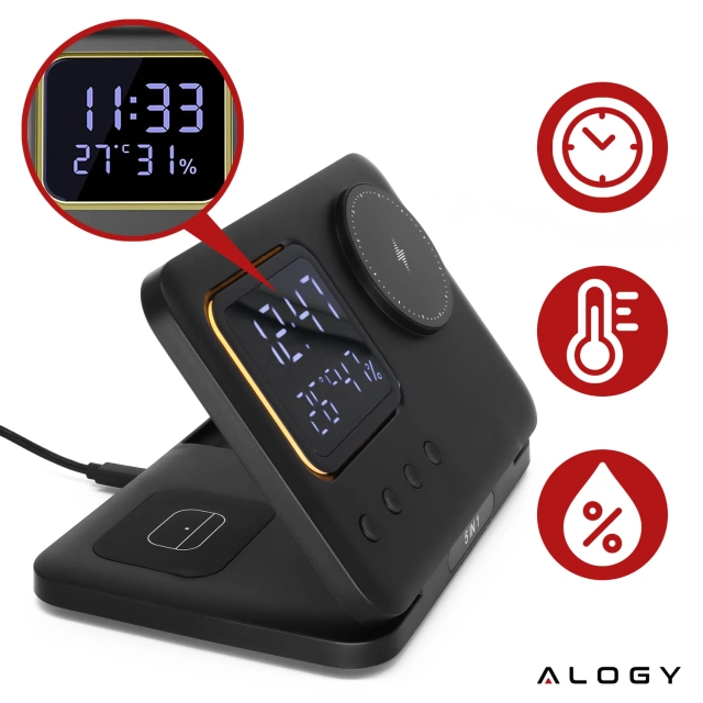 Ładowarka indukcyjna 5w1 składana Alogy MagStation Foldable Pro do MagSafe do Apple iPhone Watch AirPods z zegarem i higrometrem Czarna