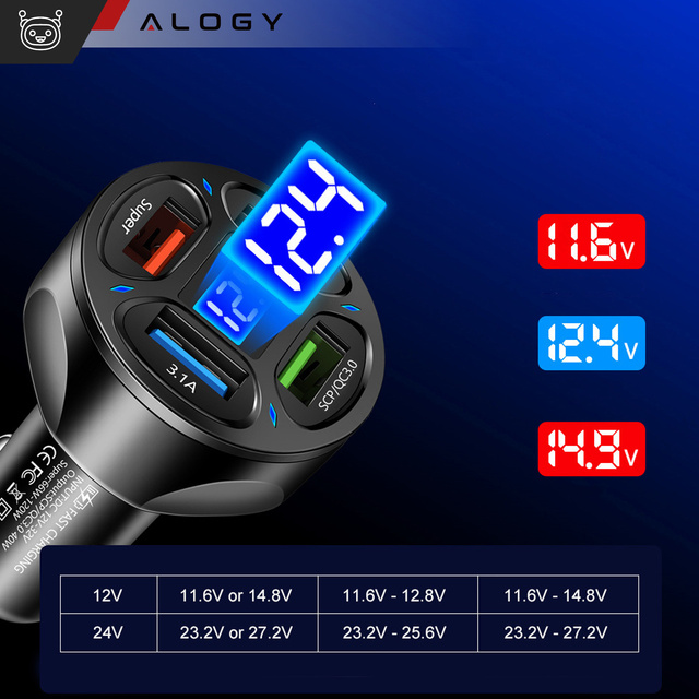Alogy Car Ładowarka samochodowa 4x USB QC 3.0 66W szybka mocna do telefonu samochodu czarna