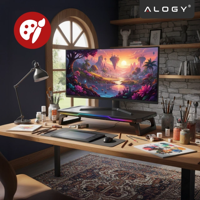 Podstawka pod monitor z lampką listwą świetlną RGB z wejściami HUB USB (3× USB-A, 1× USB-C) – biurkowa do Home Office, Gaming, poprawa ergonomii – Alogy MonitorStand™ Czarna