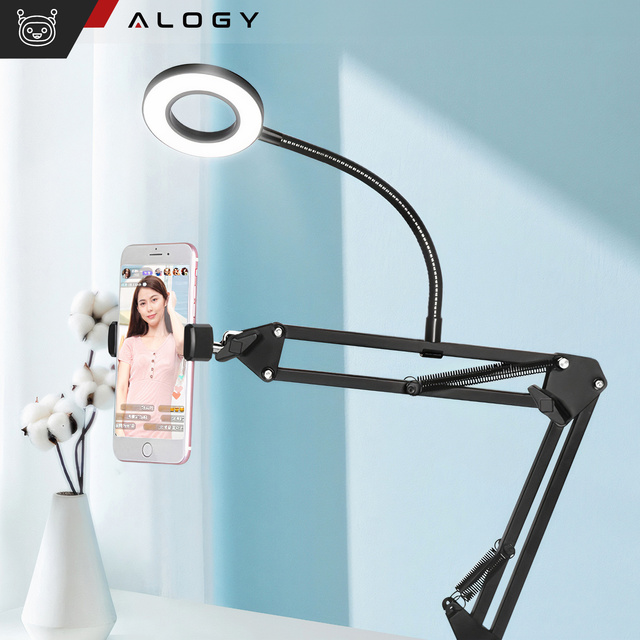 Alogy Lampa Ring LED z elastycznym ramieniem i statywem do blatu biurka z uchwytem na telefon Czarna
