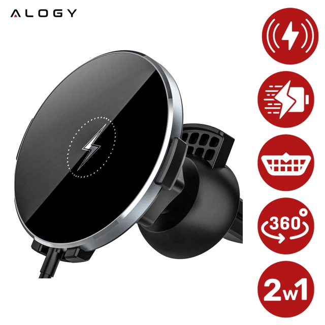 Alogy Uchwyt do samochodu 2w1 z ładowarką Qi Airvent MagSafe Charger do MagSafe 15W do kratki samochodowy Czarny