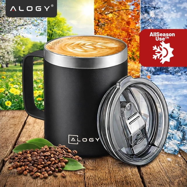 Alogy Kubek termiczny z uchwytem Thermal Mug otwierana pokrywka stalowy zimno i ciepło Czarny