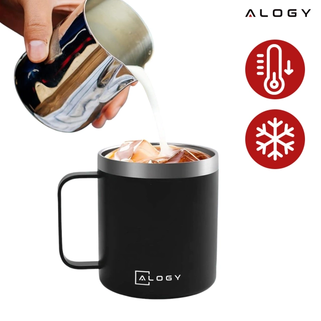 Alogy Kubek termiczny z uchwytem Thermal Mug otwierana pokrywka stalowy zimno i ciepło Czarny