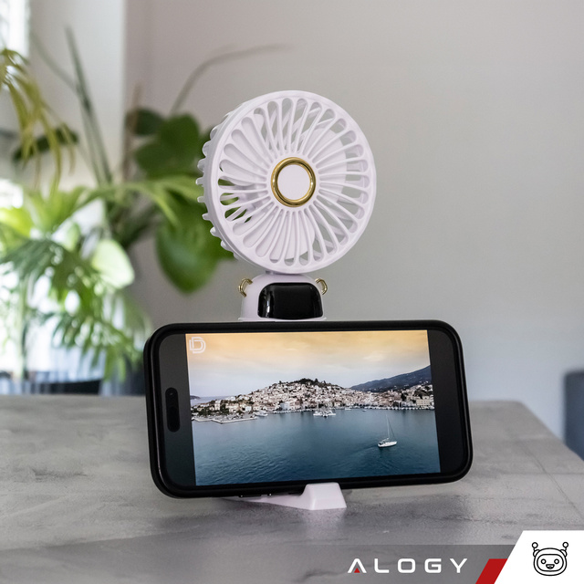 Alogy Wentylator Wiatrak wiatraczek ręczny bezprzewodowy przenośny do ręki na biurko z uchwytem na telefon USB-C biały