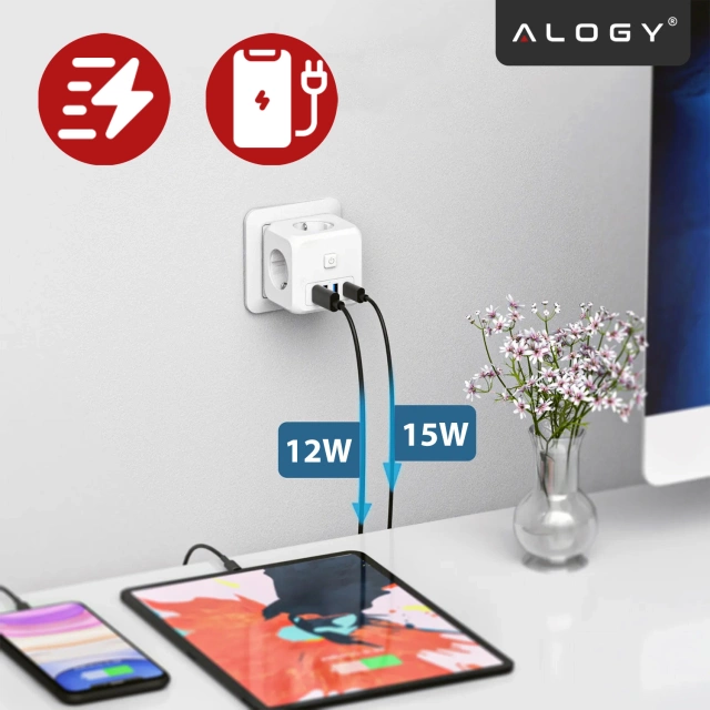 Alogy Rozgałęźnik sieciowy rozdzielacz Ładowarka adapter złodziejka 3 gniazdka PL/EU USB USB-C 7w1 5V 2.4A Biały