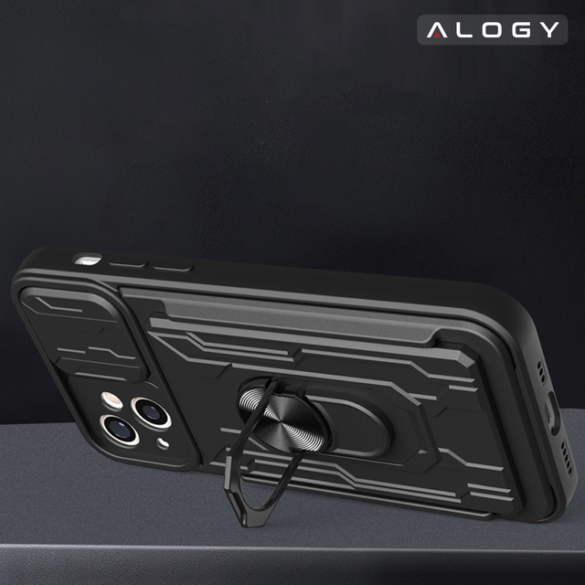 Alogy Camshield Stand Ring Wallet Etui pancerne z osłonką na aparat i miejscem na karty do Apple iPhone 14 czarne