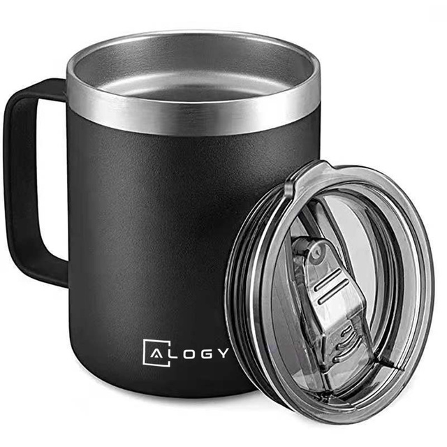 Alogy Kubek termiczny z uchwytem Thermal Mug otwierana pokrywka stalowy zimno i ciepło Czarny