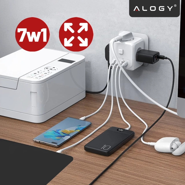 Alogy Rozgałęźnik sieciowy rozdzielacz Ładowarka adapter złodziejka 3 gniazdka PL/EU USB USB-C 7w1 5V 2.4A Biały