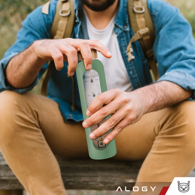 Alogy Motivational Glass Water Bottle Butelka szklana duża bidon na wodę napoje Miarka motywacyjna 1l 1000ml Oliwkowa