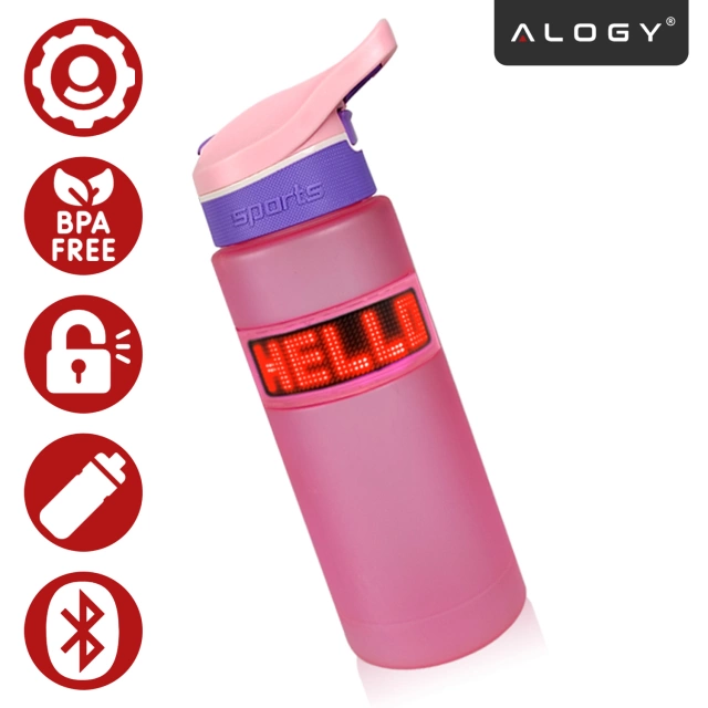 Butelka Bidon na Napoje LED, Inteligentna z Wyświetlaczem i Łącznością Bluetooth, Słomka, Motywacyjna, Wielokrotnego Użytku, Alogy FitBottle™ - Różowa